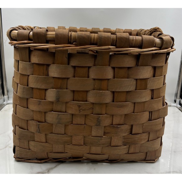 Vintage Woven Wood Splint Basket Square Farmhouse Storage with Rope Handles